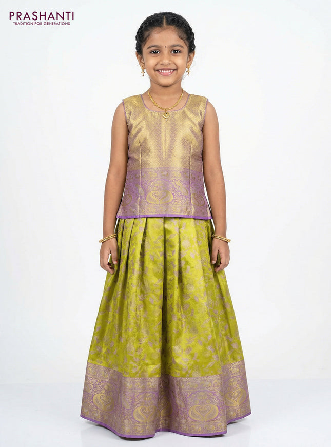 Pure silk tissue unstitched kids lehenga lime yellow and lavender with allover zari woven brocade weaves and rich zari woven border