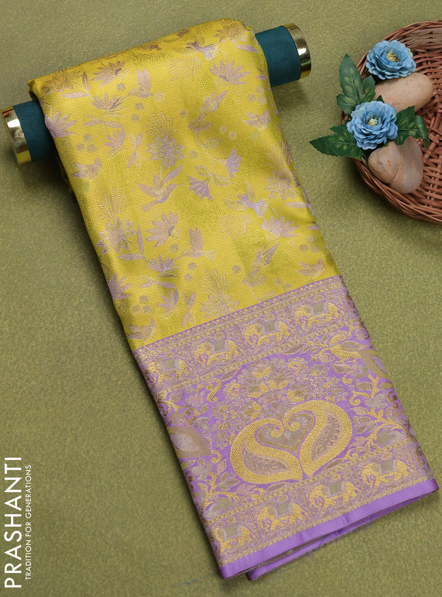 Pure silk tissue unstitched kids lehenga lime yellow and lavender with allover zari woven brocade weaves and rich zari woven border