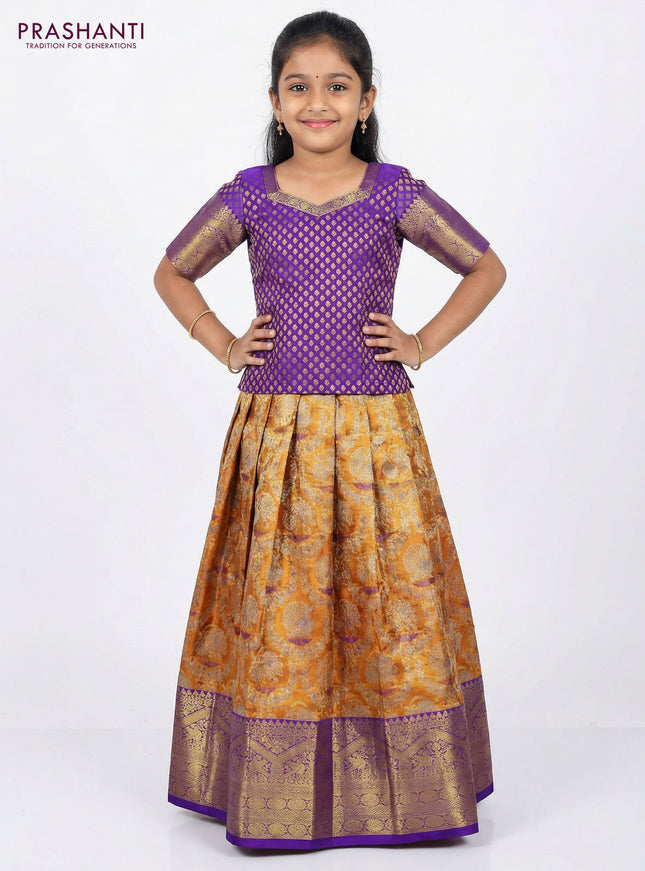Pure silk tissue unstitched kids lehenga dual shade of orange and blue with allover zari woven brocade weaves and rich zari woven border
