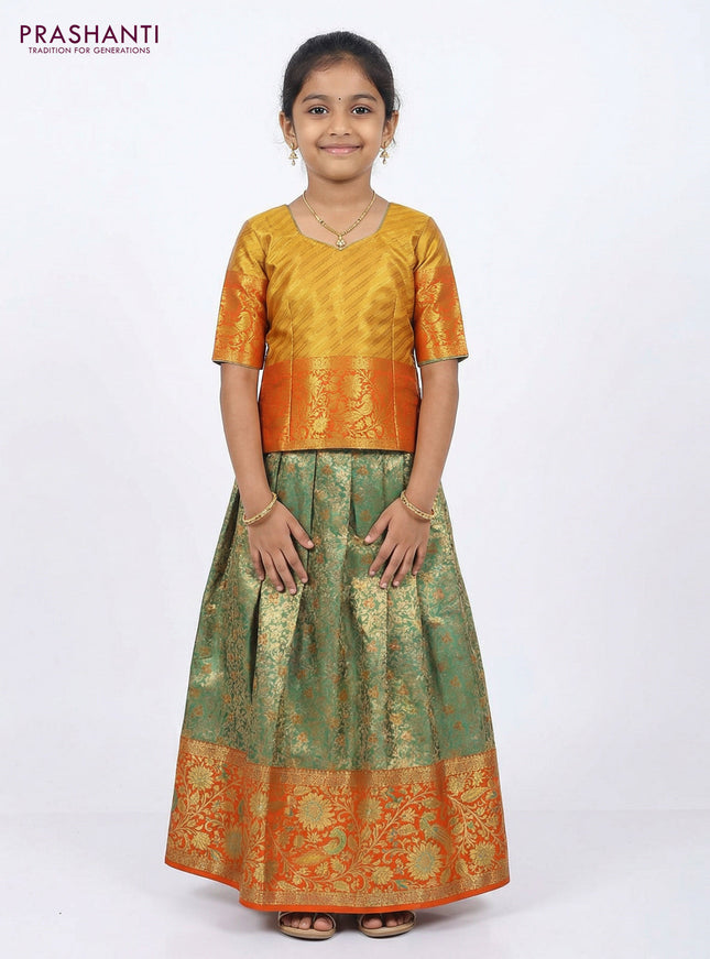 Pure silk tissue unstitched kids lehenga dual shade of green and orange with allover zari woven brocade weaves and rich zari woven border