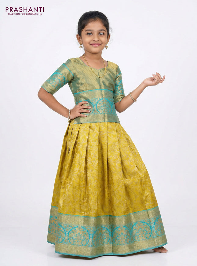 Pure silk tissue unstitched kids lehenga yellow and light blue with allover zari woven brocade weaves and rich zari woven border