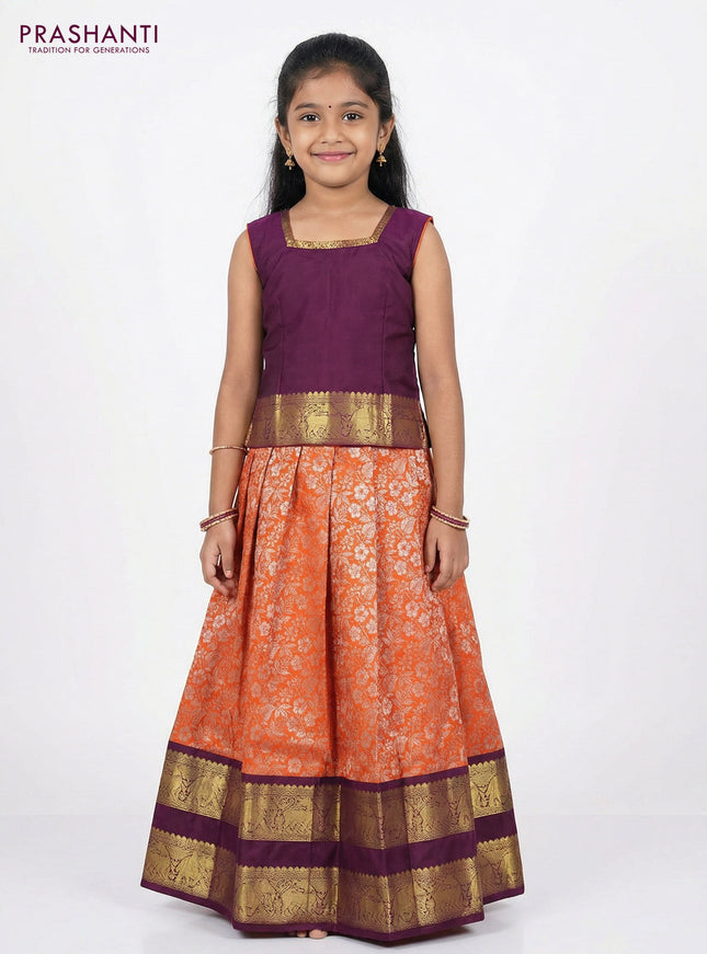 Pure silk unstitched kids lehenga orange and wine shade with allover silver zari woven brocade weaves and rich rettapet zari woven border