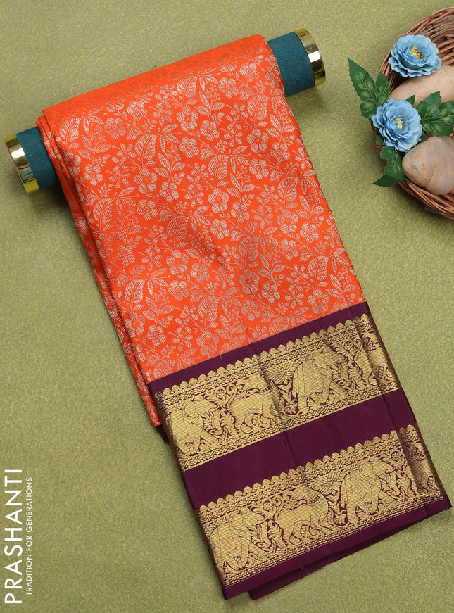 Pure silk unstitched kids lehenga orange and wine shade with allover silver zari woven brocade weaves and rich rettapet zari woven border