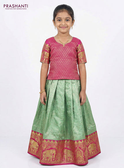Pure silk unstitched kids lehenga pista green and pink with allover silver zari woven brocade weaves and rich zari woven border