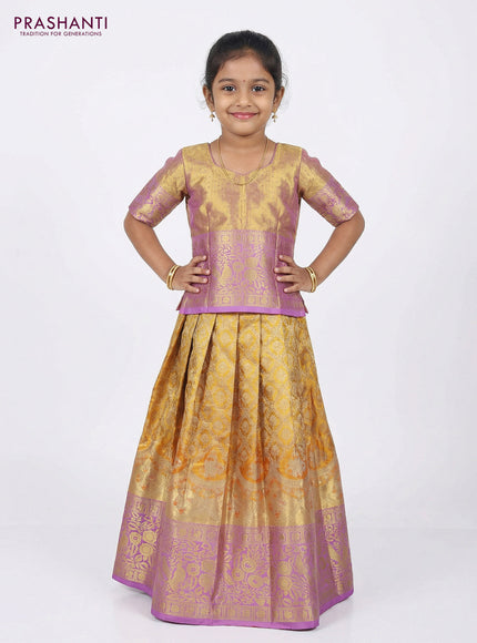 Pure silk unstitched kids lehenga dual shade of orange and lavender with allover silver zari woven brocade weaves and long zari woven border