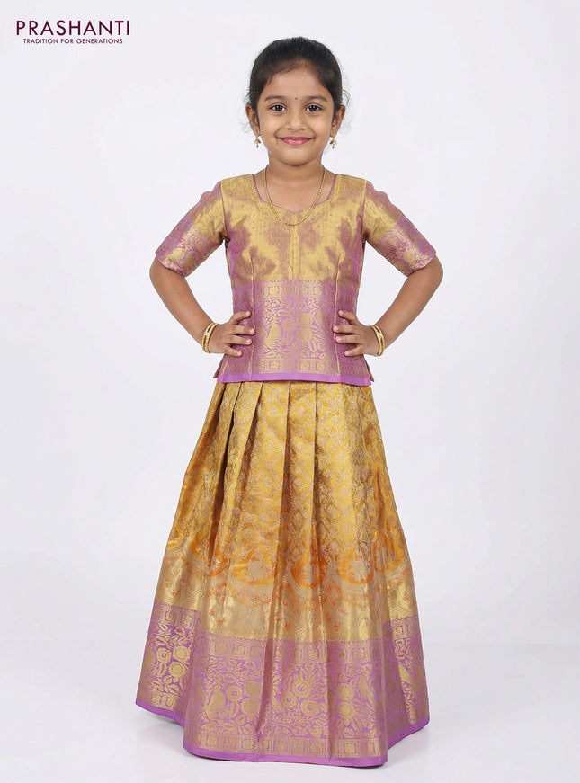 Pure silk unstitched kids lehenga dual shade of orange and lavender with allover silver zari woven brocade weaves and long zari woven border