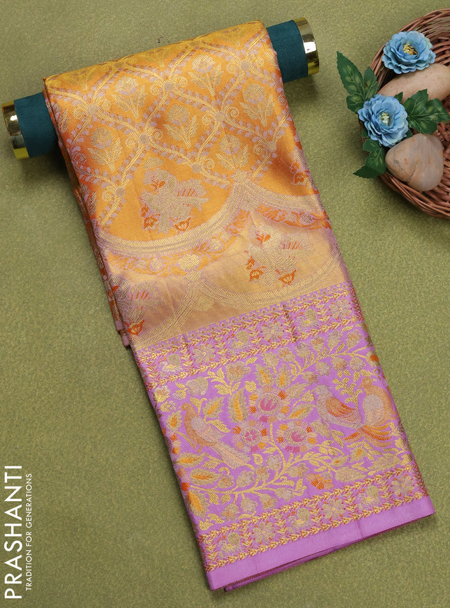 Pure silk unstitched kids lehenga dual shade of orange and lavender with allover silver zari woven brocade weaves and long zari woven border