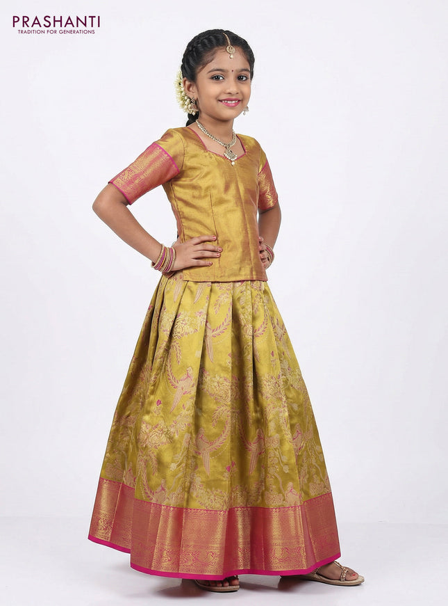 Pure silk unstitched kids lehenga gold and pink with allover silver zari woven brocade weaves and rich zari woven border
