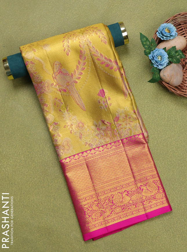 Pure silk unstitched kids lehenga gold and pink with allover silver zari woven brocade weaves and rich zari woven border
