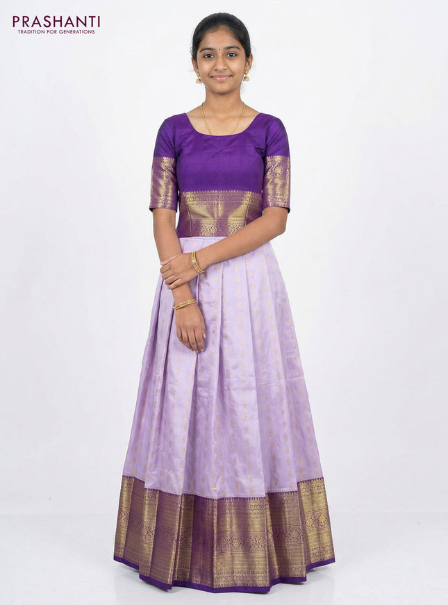 Pure silk unstitched kids lehenga lavender and purple with allover zari woven buttas and long zari woven border