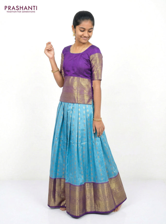 Pure silk unstitched kids lehenga light blue and dual sahde of purple with allover zari woven buttas and long zari woven border
