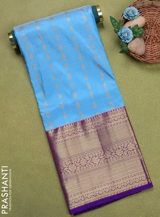 Pure silk unstitched kids lehenga light blue and dual sahde of purple with allover zari woven buttas and long zari woven border