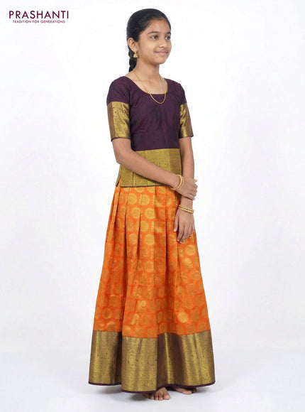 Pure silk unstitched kids lehenga orange and deep purple with allover zari woven annam & rudhuraksha buttas and long zari woven border