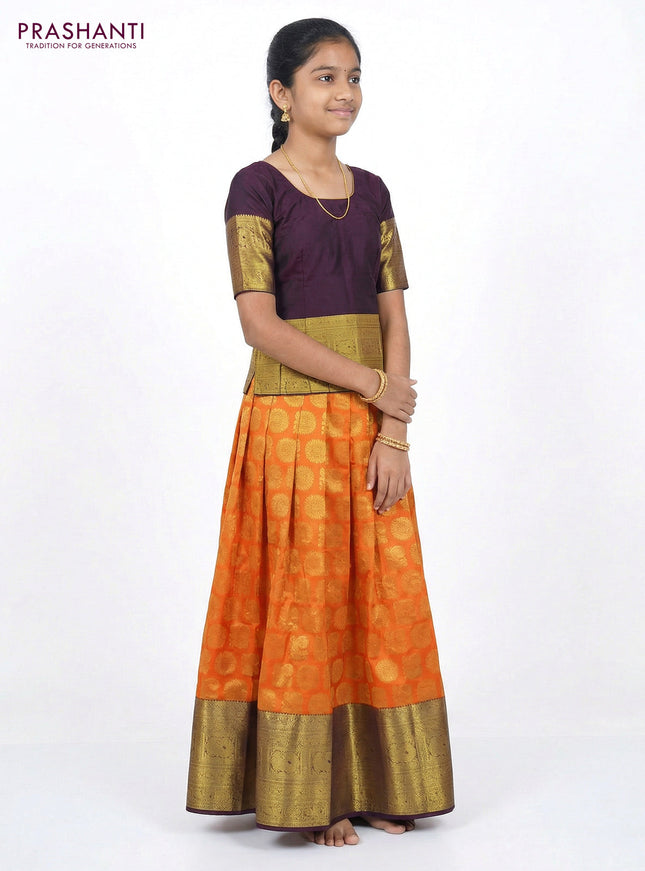 Pure silk unstitched kids lehenga orange and deep purple with allover zari woven annam & rudhuraksha buttas and long zari woven border