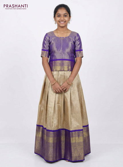 Pure silk tissue unstitched kids lehenga beige and blue with allover zari woven brocade weaves and long zari woven border