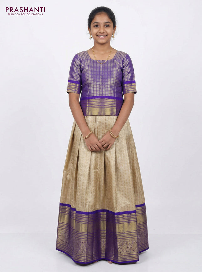 Pure silk tissue unstitched kids lehenga beige and blue with allover zari woven brocade weaves and long zari woven border