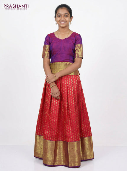 Pure silk unstitched kids lehenga pink and dual shade of purple with allover zari weaves and long zari woven border