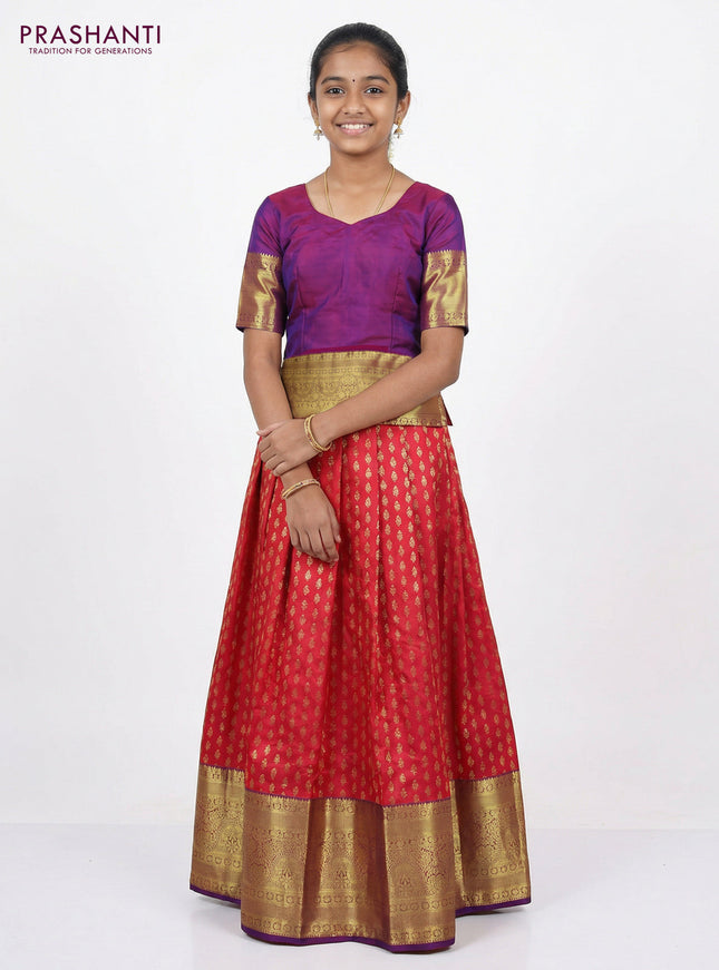 Pure silk unstitched kids lehenga pink and dual shade of purple with allover zari weaves and long zari woven border