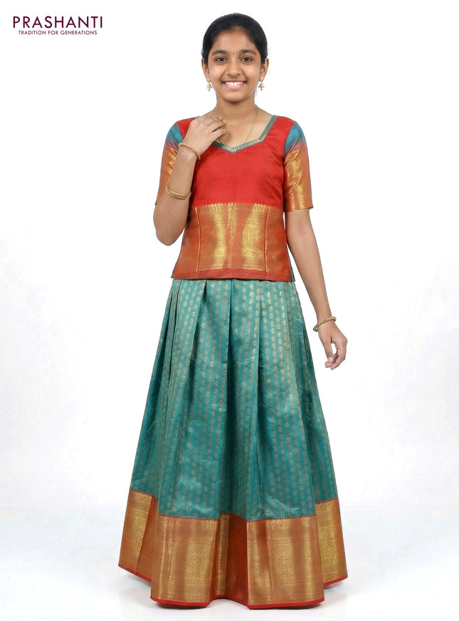 Pure silk unstitched kids lehenga teal shade and red with allover zari weaves and long zari woven border