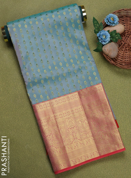 Pure silk unstitched kids lehenga teal shade and red with allover zari weaves and long zari woven border