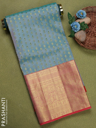 Pure silk unstitched kids lehenga teal shade and red with allover zari weaves and long zari woven border