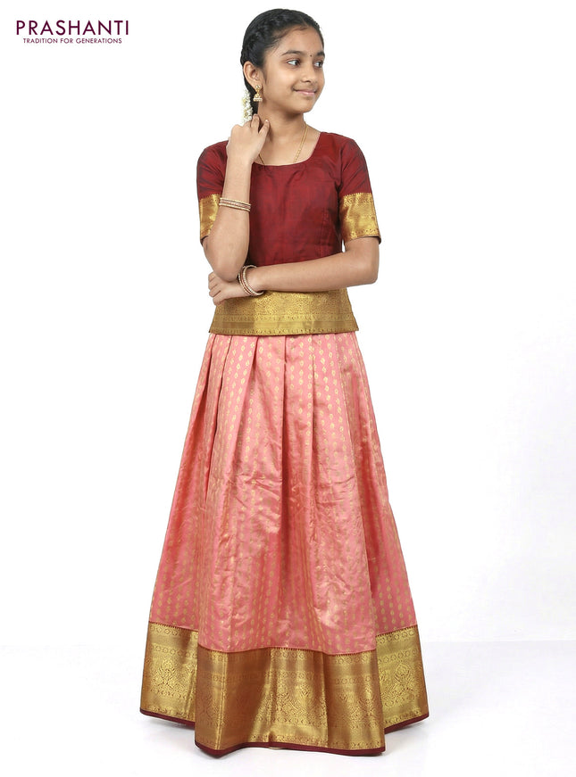 Pure silk unstitched kids lehenga red shade and maroon with allover zari weaves and long zari woven border