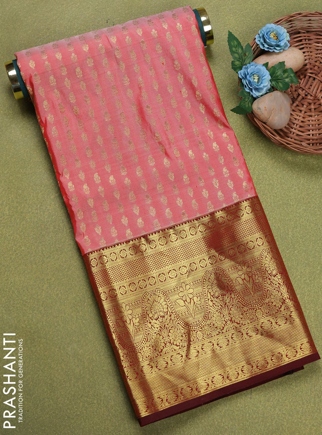 Pure silk unstitched kids lehenga red shade and maroon with allover zari weaves and long zari woven border