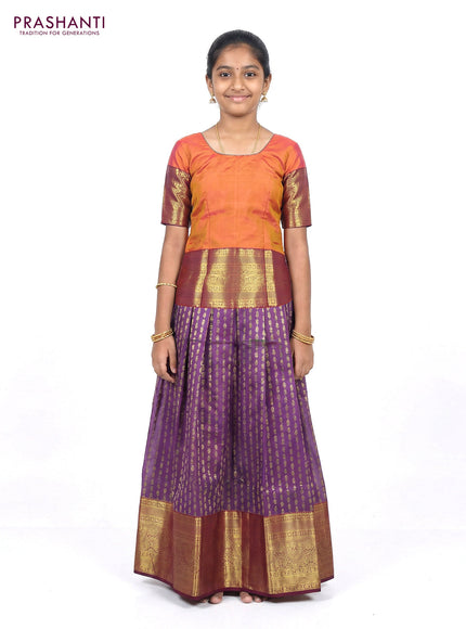 Pure silk unstitched kids lehenga dual shade of greenish purple and dual shade of pinkish yellow with allover zari weaves and long zari woven border