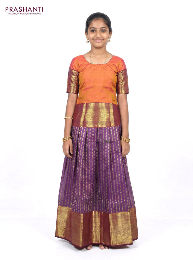 Pure silk unstitched kids lehenga dual shade of greenish purple and dual shade of pinkish yellow with allover zari weaves and long zari woven border