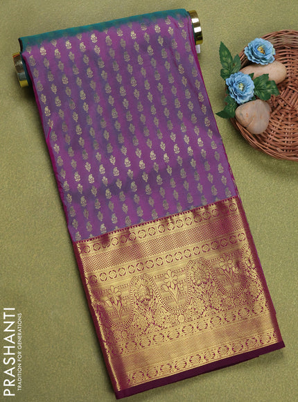 Pure silk unstitched kids lehenga dual shade of greenish purple and dual shade of pinkish yellow with allover zari weaves and long zari woven border