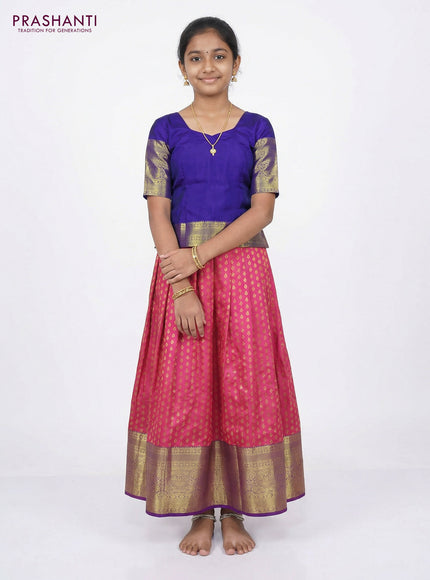 Pure silk unstitched kids lehenga pink and blue with allover zari weaves and long zari woven border