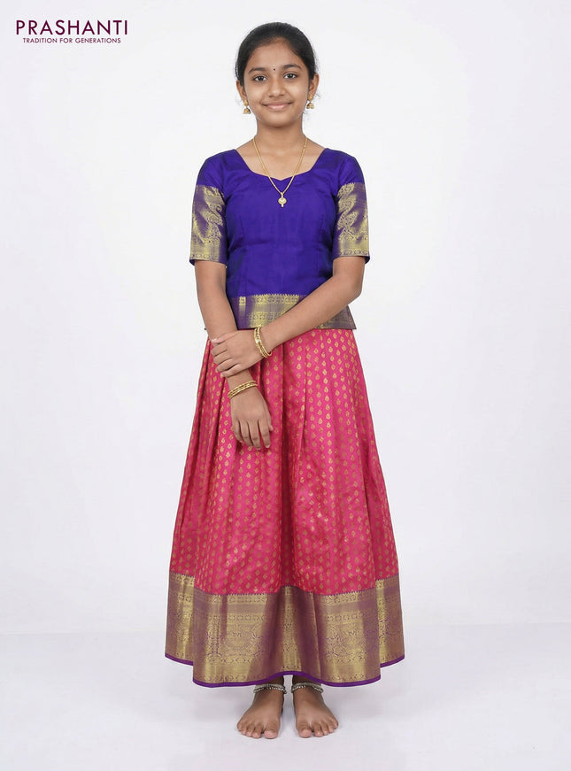 Pure silk unstitched kids lehenga pink and blue with allover zari weaves and long zari woven border