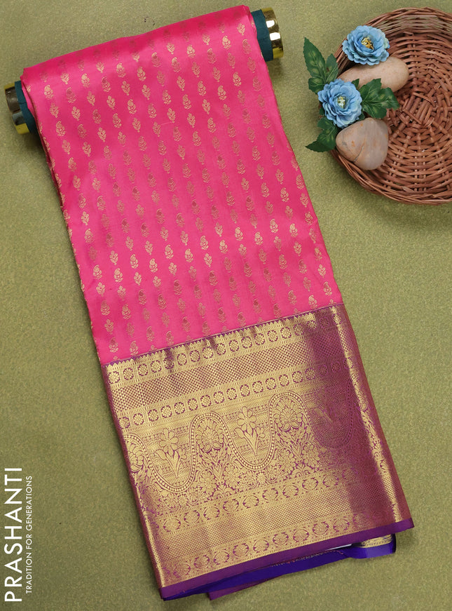 Pure silk unstitched kids lehenga pink and blue with allover zari weaves and long zari woven border