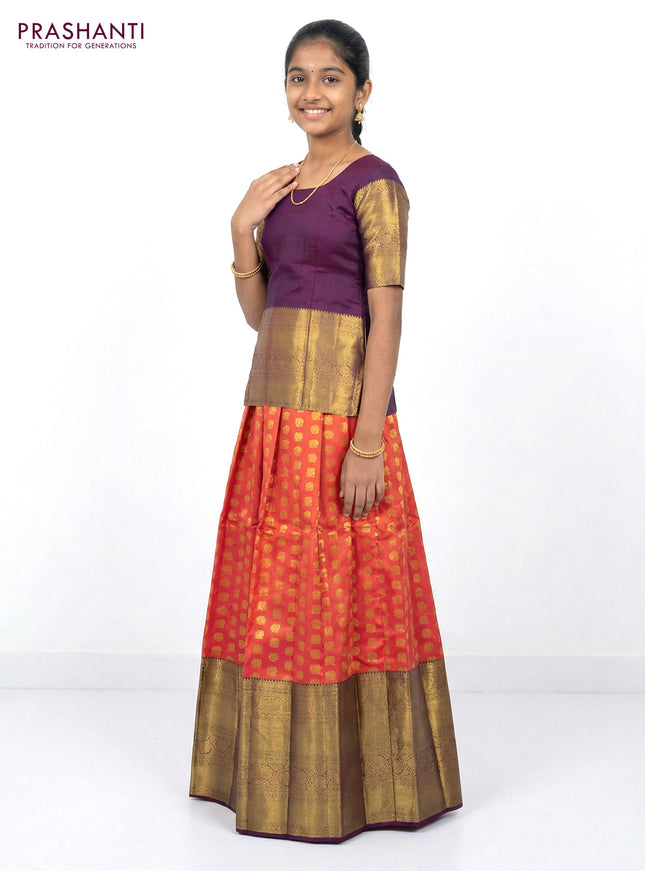 Pure silk unstitched kids lehenga dual shade of pinkish orange and deep purple with allover zari woven rudhraksha & annam buttas and long zari woven border