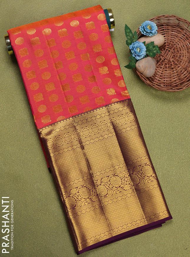 Pure silk unstitched kids lehenga dual shade of pinkish orange and deep purple with allover zari woven rudhraksha & annam buttas and long zari woven border