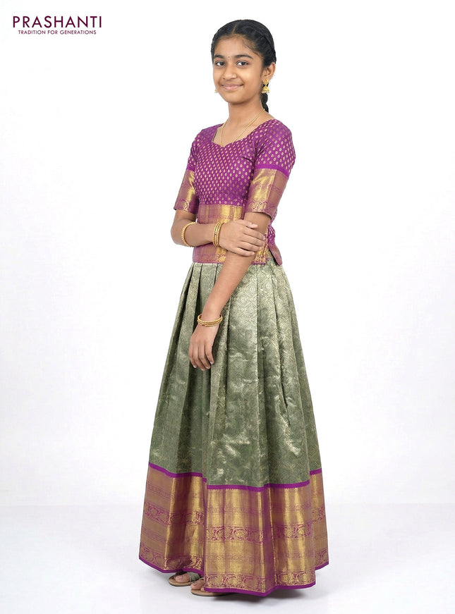 Pure silk tissue unstitched kids lehenga sap green and purple with allover silver zari woven brocade weaves and long zari woven border