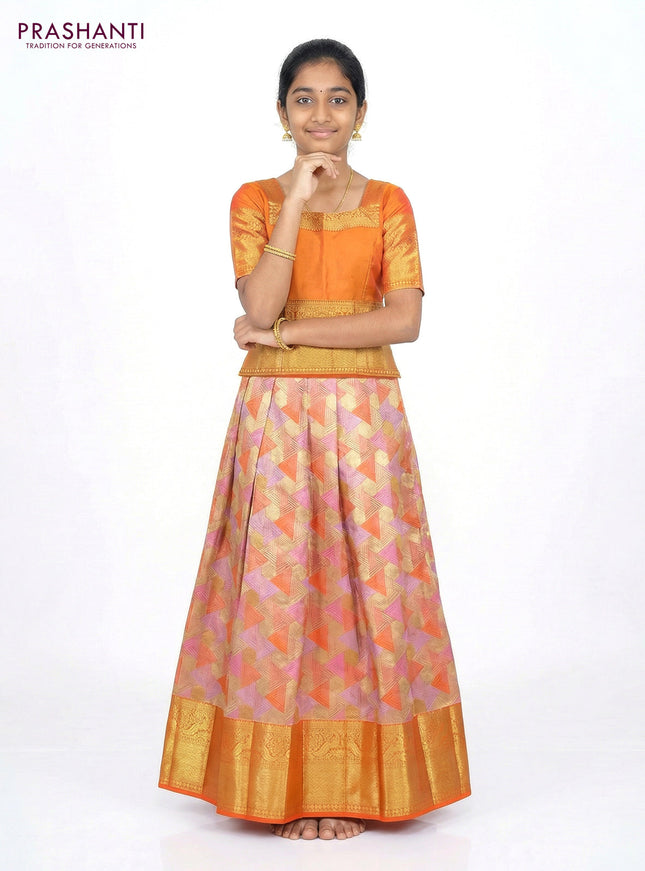 Pure silk tissue unstitched kids lehenga multi colour and orange with allover zari woven geometric brocade weaves and long zari woven border