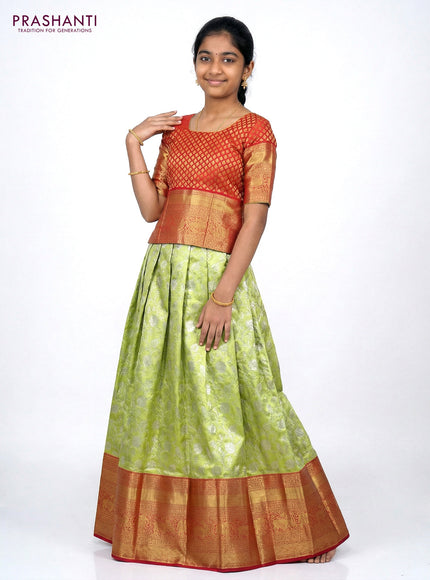 Pure silk tissue unstitched kids lehenga fluorescent green and maroon with allover silver zari woven brocade weaves and long zari woven border