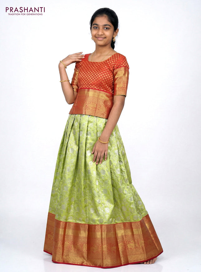 Pure silk tissue unstitched kids lehenga fluorescent green and maroon with allover silver zari woven brocade weaves and long zari woven border