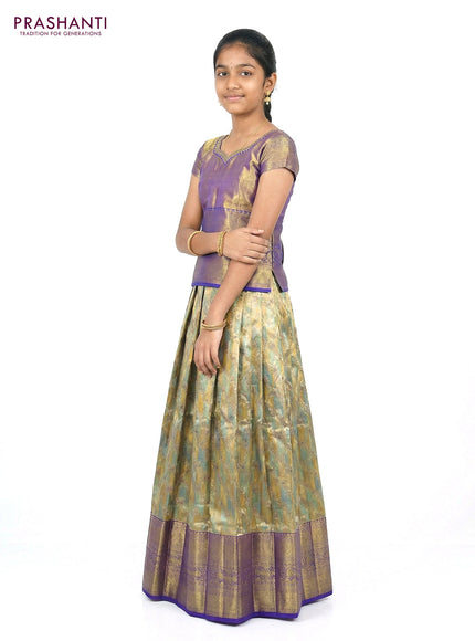 Pure silk tissue unstitched kids lehenga multi colour and blue with allover zari woven brocade weaves and long zari woven border