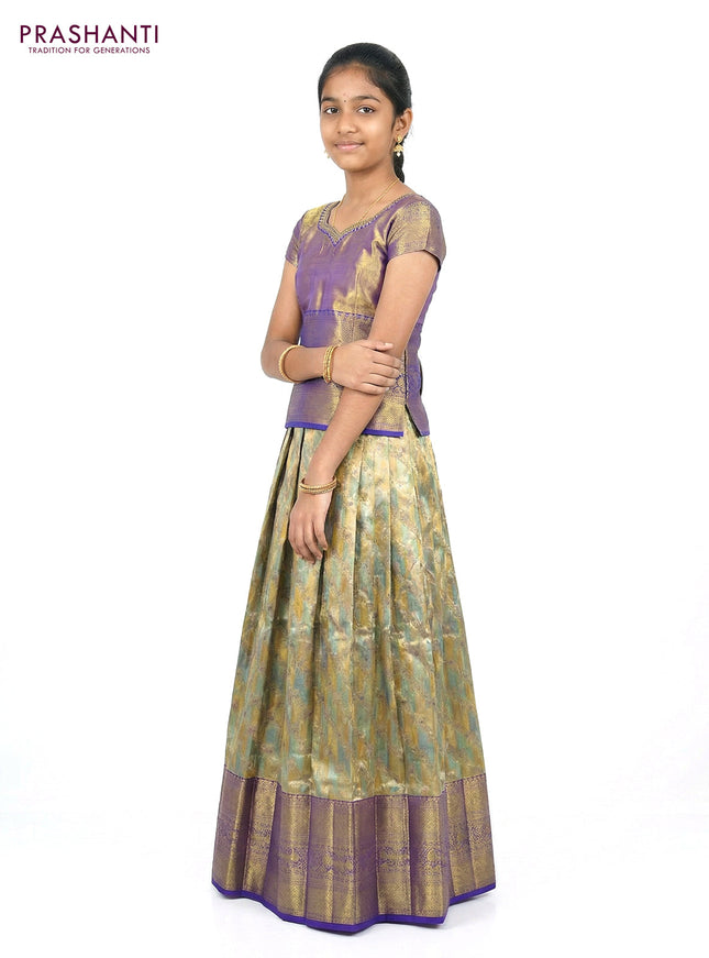 Pure silk tissue unstitched kids lehenga multi colour and blue with allover zari woven brocade weaves and long zari woven border