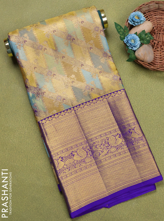 Pure silk tissue unstitched kids lehenga multi colour and blue with allover zari woven brocade weaves and long zari woven border