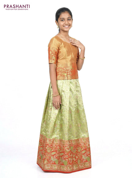 Pure silk tissue unstitched kids lehenga lime green and red with allover zari woven brocade weaves and long zari woven border