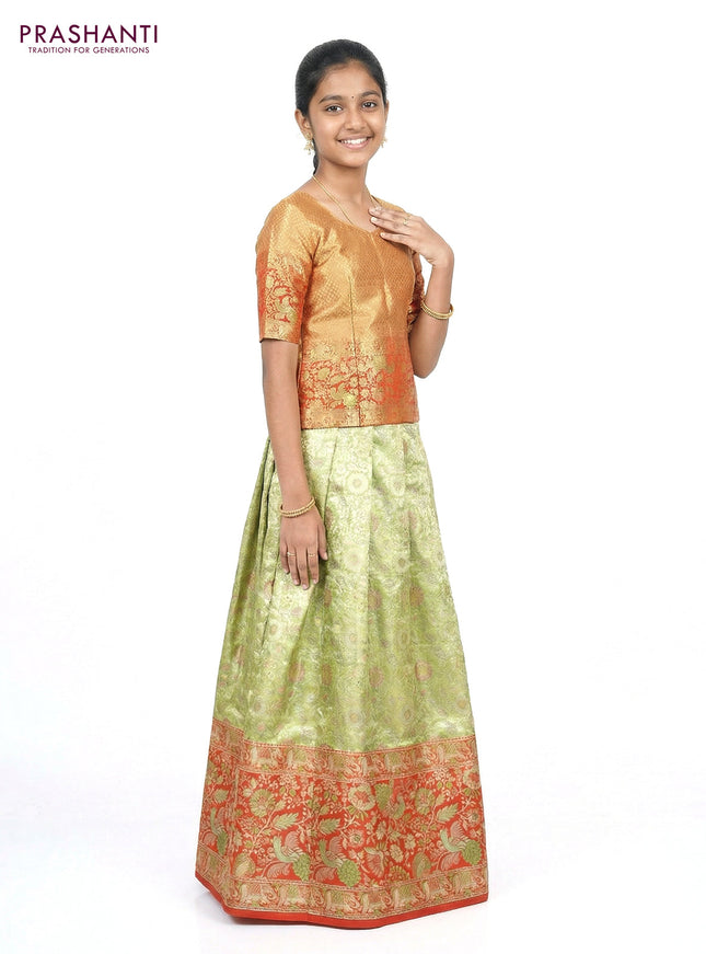 Pure silk tissue unstitched kids lehenga lime green and red with allover zari woven brocade weaves and long zari woven border