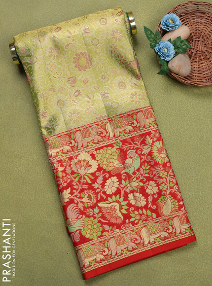 Pure silk tissue unstitched kids lehenga lime green and red with allover zari woven brocade weaves and long zari woven border