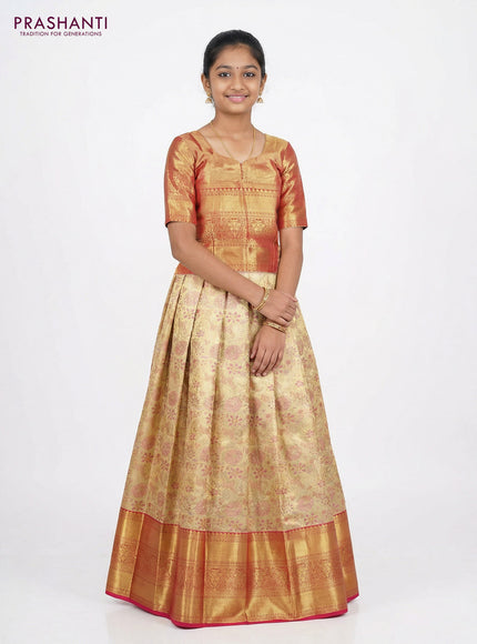 Pure silk tissue unstitched kids lehenga gold and pink with allover zari woven brocade weaves and long zari woven border