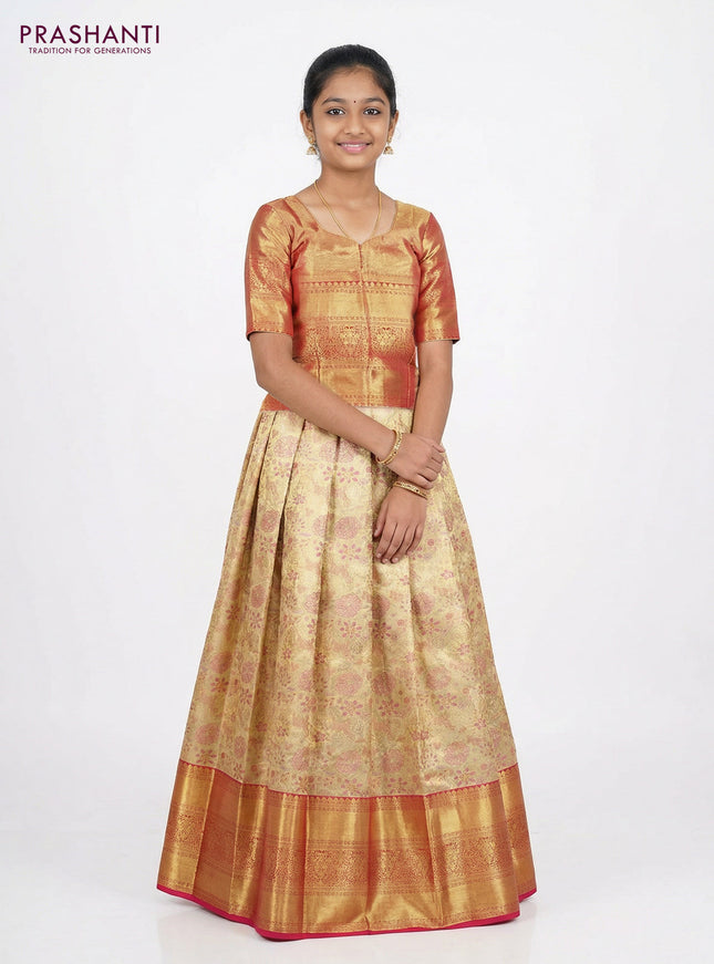 Pure silk tissue unstitched kids lehenga gold and pink with allover zari woven brocade weaves and long zari woven border