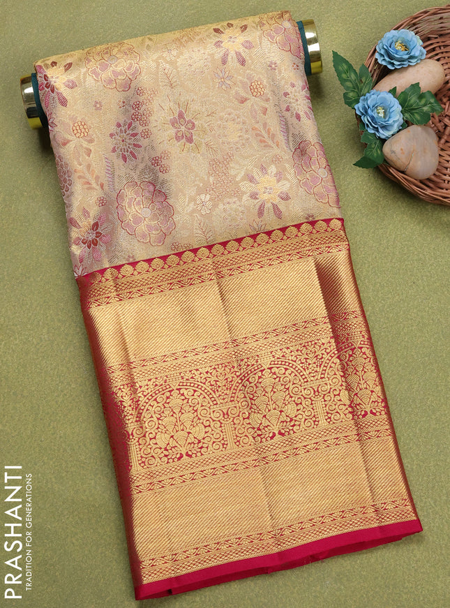 Pure silk tissue unstitched kids lehenga gold and pink with allover zari woven brocade weaves and long zari woven border