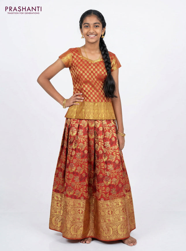 Pure silk unstitched kids lehenga pink and dual shade of orange with allover zari woven brocade weaves and long zari woven border