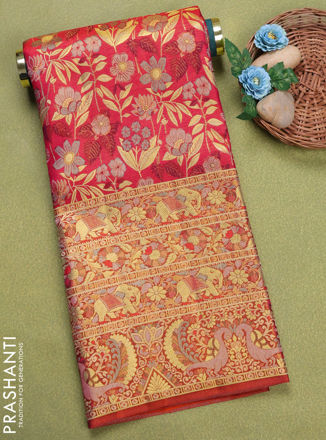 Pure silk unstitched kids lehenga pink and dual shade of orange with allover zari woven brocade weaves and long zari woven border